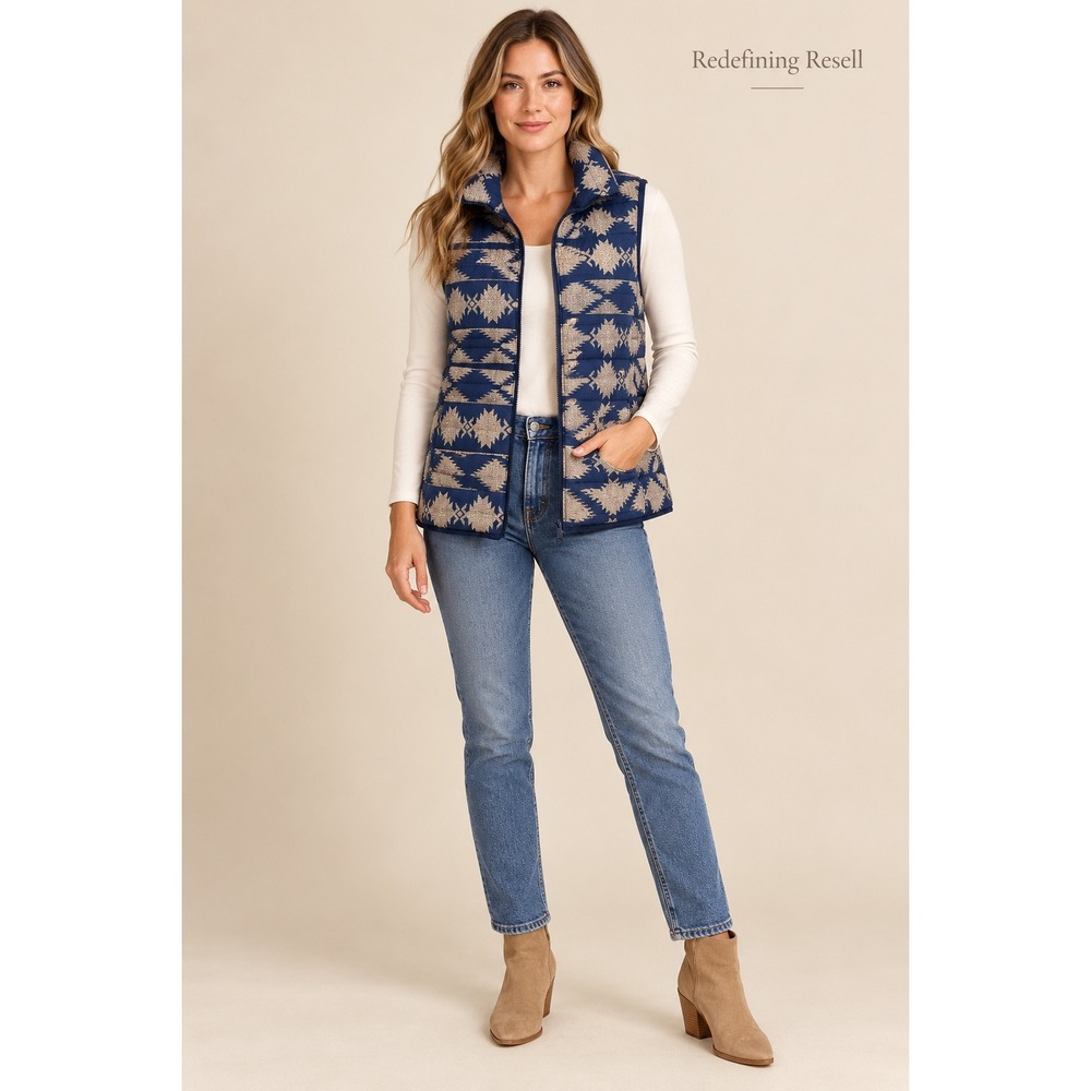 Entro Women Navy Blue Tan Southwestern Geometric Quilted Puffer Vest J8776 Large